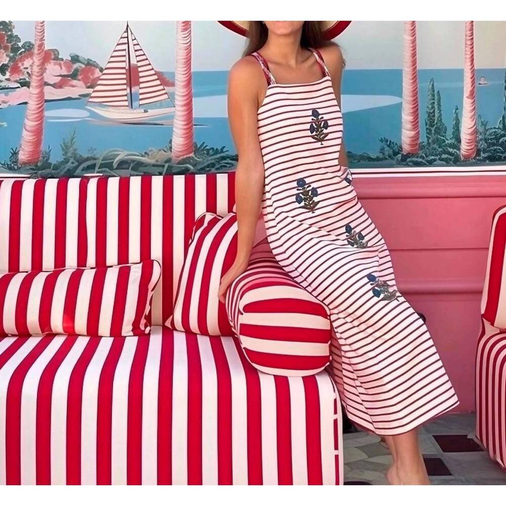 NEW VILAGALLO lilou embroidered midi dress in red white stripe - Picture 4 of 5